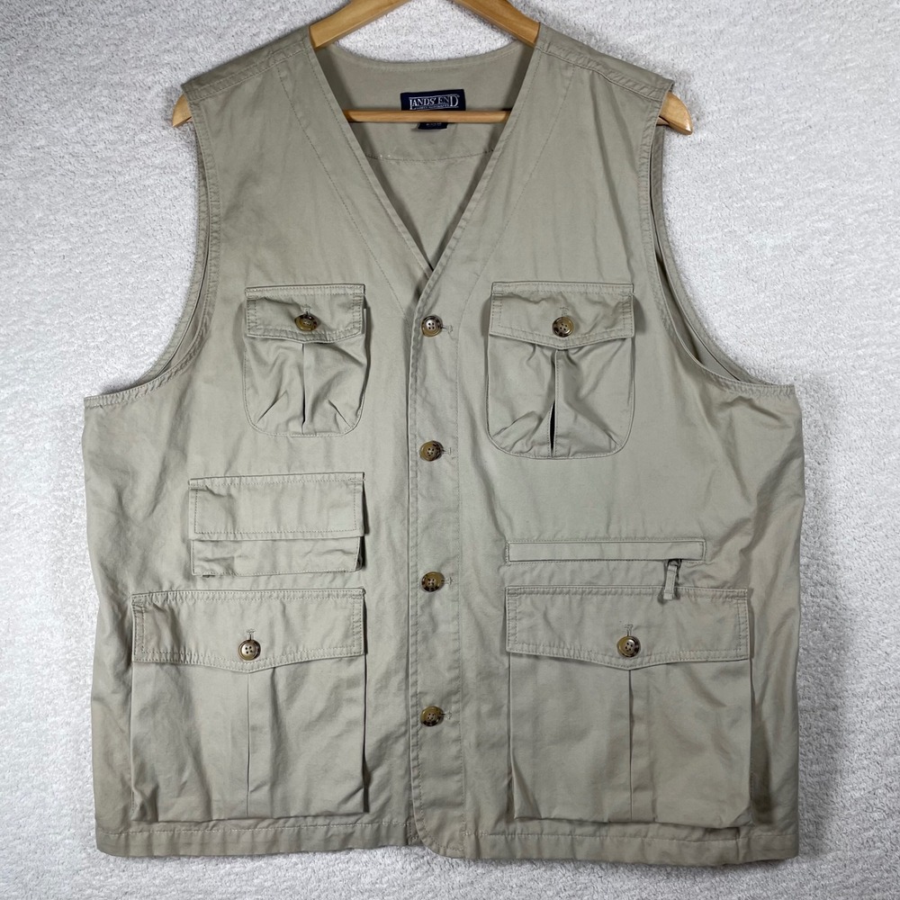 fishing hunting utility vest vintage lands end L khaki 100% cotton safari guide